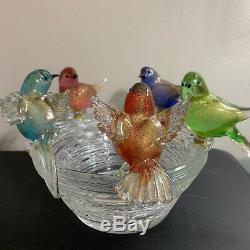 Murano Vintage Glass 5 Five Removable Birds in Nest with brass fittings Italy