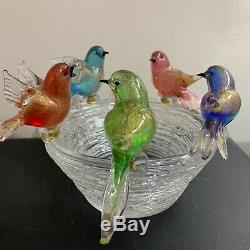 Murano Vintage Glass 5 Five Removable Birds in Nest with brass fittings Italy