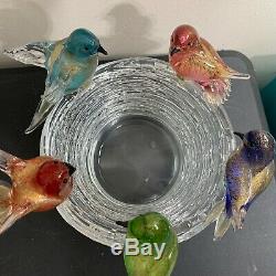 Murano Vintage Glass 5 Five Removable Birds in Nest with brass fittings Italy