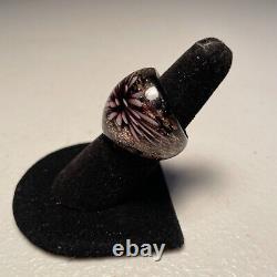 Murano Vintage Hand-Blown GOLD Foiled Art Glass Domed Purple Flower Ring Sz 6.5