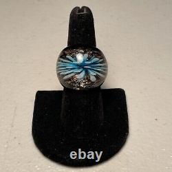 Murano Vintage Hand-Blown Gold Foiled Art Glass Domed Teal Flower Ring Size 7