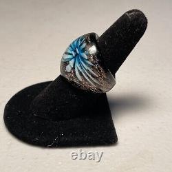Murano Vintage Hand-Blown Gold Foiled Art Glass Domed Teal Flower Ring Size 7