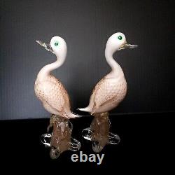 Murano White Gold Copper Aventurine Italian Art Glass Duck Bird Sculptures