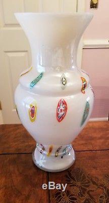 Murano White Millefiori Hand Blown Art Glass Vase Italy Italian vintage heavy
