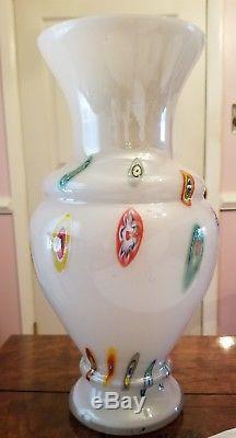 Murano White Millefiori Hand Blown Art Glass Vase Italy Italian vintage heavy