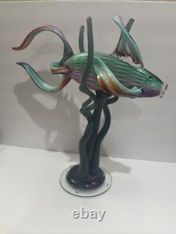 Murano Zanfirico 1980s Hand Blown Italian Art Glass Angel Fish Sculpture Large