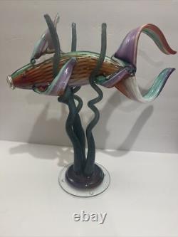 Murano Zanfirico 1980s Hand Blown Italian Art Glass Angel Fish Sculpture Large