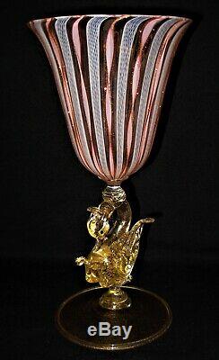 Murano Zanfirico Venetian Latticino Pink White Gold Ribbon Goblet with Swan Stem