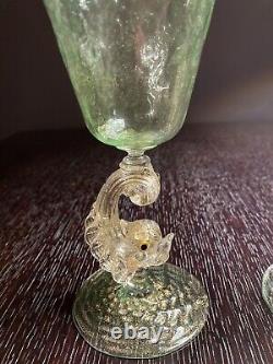 Murano antique Salviati Hand Blown Green gold flakes 3 Goblets with Dolphins 7.5