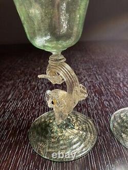 Murano antique Salviati Hand Blown Green gold flakes 3 Goblets with Dolphins 7.5