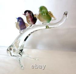 Murano art glass Colorful birds on a clear glass tree branch Gold Iridescent