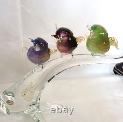 Murano art glass Colorful birds on a clear glass tree branch Gold Iridescent