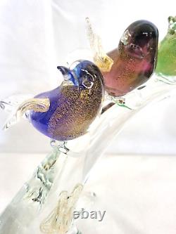 Murano art glass Colorful birds on a clear glass tree branch Gold Iridescent