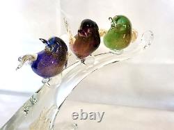 Murano art glass Colorful birds on a clear glass tree branch Gold Iridescent