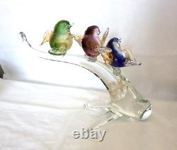 Murano art glass Colorful birds on a clear glass tree branch Gold Iridescent