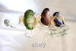 Murano art glass Colorful birds on a clear glass tree branch Gold Iridescent