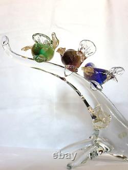 Murano art glass Colorful birds on a clear glass tree branch Gold Iridescent