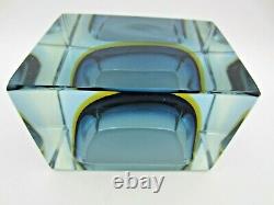 Murano blue amber blue in clear glass heavy faceted block cut bowl V HEAVY RARE