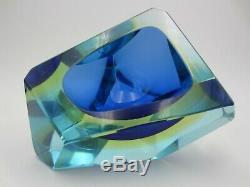 Murano blue amber in blue glass abstract faceted block cut bowl c1960s