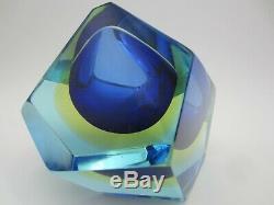 Murano blue amber in blue glass abstract faceted block cut bowl c1960s