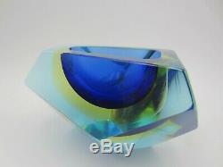 Murano blue amber in blue glass abstract faceted block cut bowl c1960s