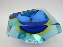 Murano blue amber in blue glass abstract faceted block cut bowl c1960s