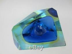 Murano blue amber in blue glass abstract faceted block cut bowl c1960s