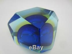 Murano blue amber in blue glass abstract faceted block cut bowl c1960s