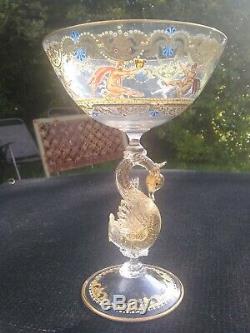 Murano glass goblet Venetian SALVIATI style nudes swan stem gilded cabinet item