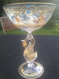 Murano glass goblet Venetian SALVIATI style nudes swan stem gilded cabinet item