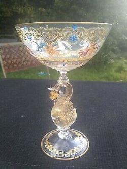 Murano glass goblet Venetian SALVIATI style nudes swan stem gilded cabinet item