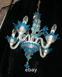 Murano hand blown blue clear glass chandelier lamp italian 1970
