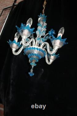 Murano hand blown blue clear glass chandelier lamp italian 1970