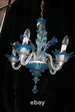 Murano hand blown blue clear glass chandelier lamp italian 1970