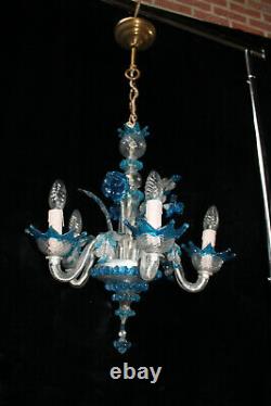 Murano hand blown blue clear glass chandelier lamp italian 1970