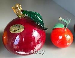 Murano hand blown glass coloured fruit 2 Cherry plums, 2 Satsuma & Pear