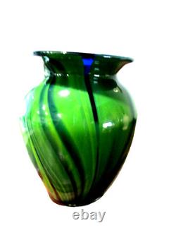 Murano hand blown green & yellow & blue swirl multi shades art glass''7 vase