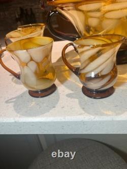 Murano style 8 person hand blown punch bowl set brown and white very unique look