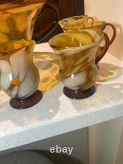 Murano style 8 person hand blown punch bowl set brown and white very unique look