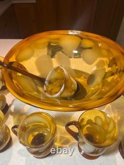 Murano style 8 person hand blown punch bowl set brown and white very unique look