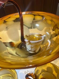 Murano style 8 person hand blown punch bowl set brown and white very unique look