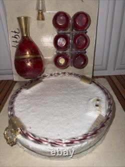 NOS Murano Tre Fuochi Ruby Red Glass Decanter Set & Tray Unopened 24k Gold