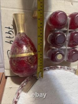 NOS Murano Tre Fuochi Ruby Red Glass Decanter Set & Tray Unopened 24k Gold