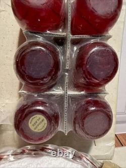 NOS Murano Tre Fuochi Ruby Red Glass Decanter Set & Tray Unopened 24k Gold