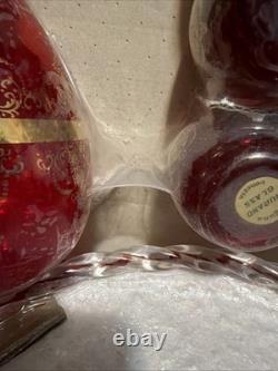 NOS Murano Tre Fuochi Ruby Red Glass Decanter Set & Tray Unopened 24k Gold