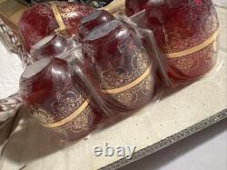 NOS Murano Tre Fuochi Ruby Red Glass Decanter Set & Tray Unopened 24k Gold