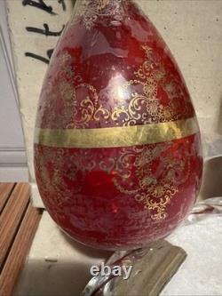 NOS Murano Tre Fuochi Ruby Red Glass Decanter Set & Tray Unopened 24k Gold