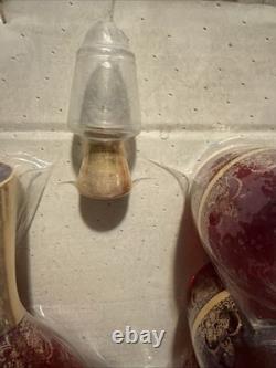 NOS Murano Tre Fuochi Ruby Red Glass Decanter Set & Tray Unopened 24k Gold