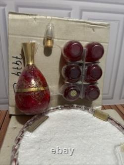 NOS Murano Tre Fuochi Ruby Red Glass Decanter Set & Tray Unopened 24k Gold