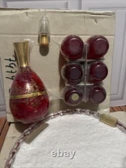 NOS Murano Tre Fuochi Ruby Red Glass Decanter Set & Tray Unopened 24k Gold